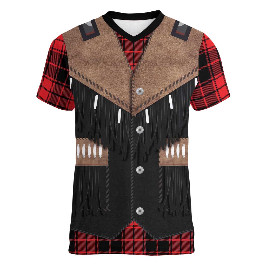 Western Cowboy Vest Style Women V-Neck T-Shirt Black Red Plaid Pattern - Wonder Print Shop