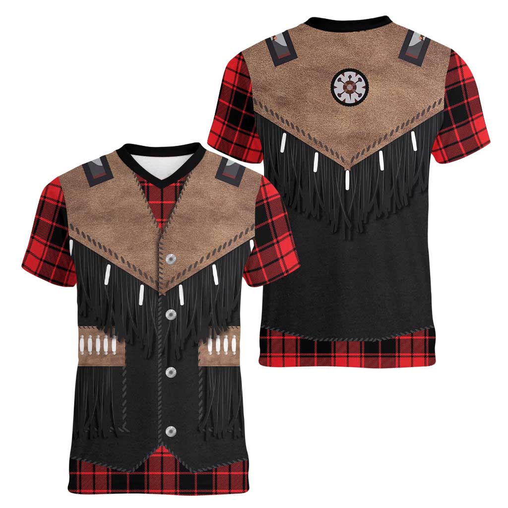 Western Cowboy Vest Style Women V-Neck T-Shirt Black Red Plaid Pattern - Wonder Print Shop