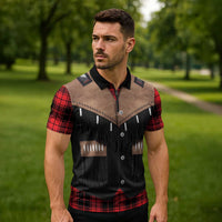 Western Cowboy Vest Style Zipper Polo Shirt Black Red Plaid Pattern - Wonder Print Shop