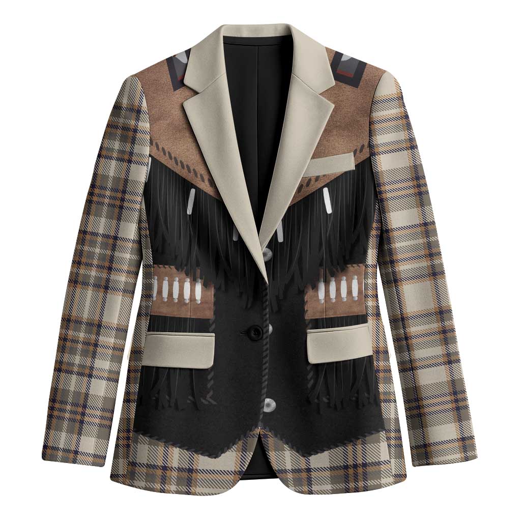Western Cowboy Vest Style Blazer Brown Beige Plaid Pattern - Wonder Print Shop