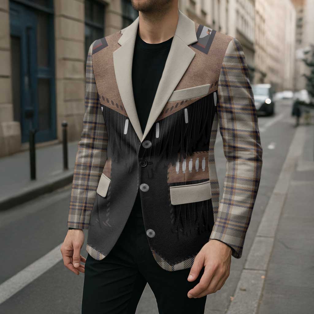 Western Cowboy Vest Style Blazer Brown Beige Plaid Pattern - Wonder Print Shop