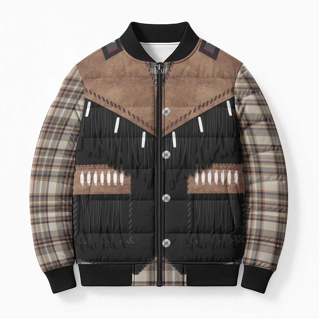 Western Cowboy Vest Style Bomber Puffer Jacket Brown Beige Plaid Pattern - Wonder Print Shop