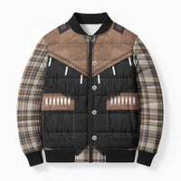 Western Cowboy Vest Style Bomber Puffer Jacket Brown Beige Plaid Pattern - Wonder Print Shop