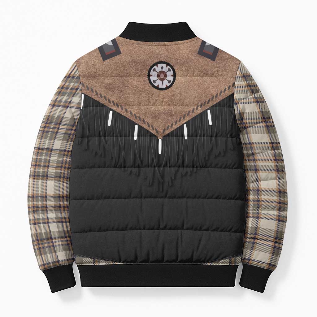 Western Cowboy Vest Style Bomber Puffer Jacket Brown Beige Plaid Pattern - Wonder Print Shop