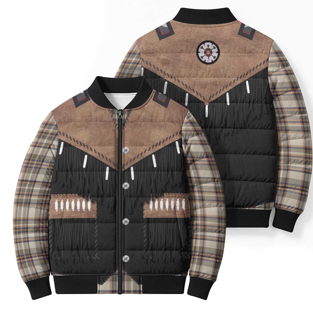 Western Cowboy Vest Style Bomber Puffer Jacket Brown Beige Plaid Pattern - Wonder Print Shop