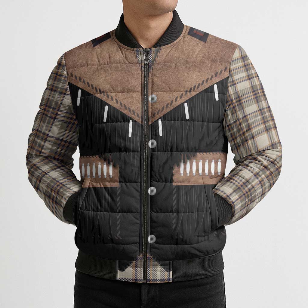 Western Cowboy Vest Style Bomber Puffer Jacket Brown Beige Plaid Pattern - Wonder Print Shop