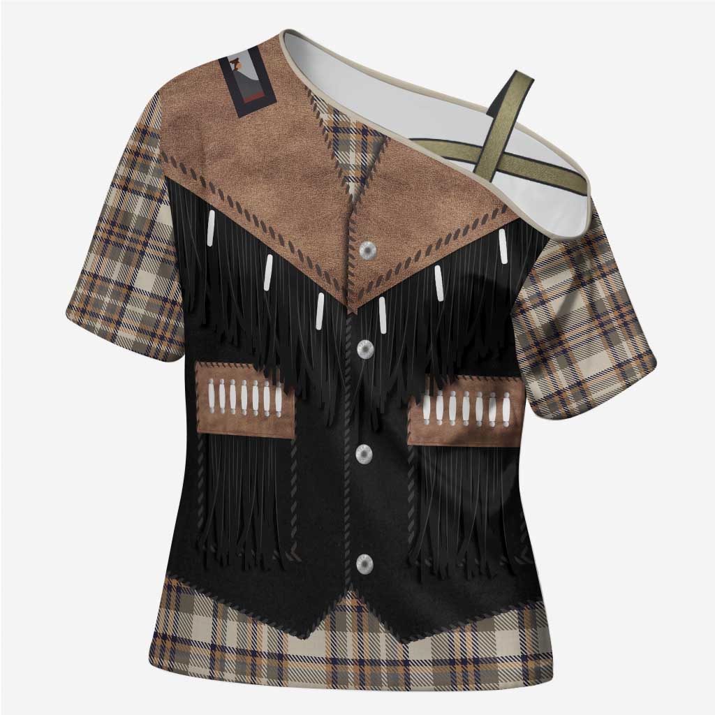 Western Cowboy Vest Style Cross Shoulder Shirt Brown Beige Plaid Pattern - Wonder Print Shop