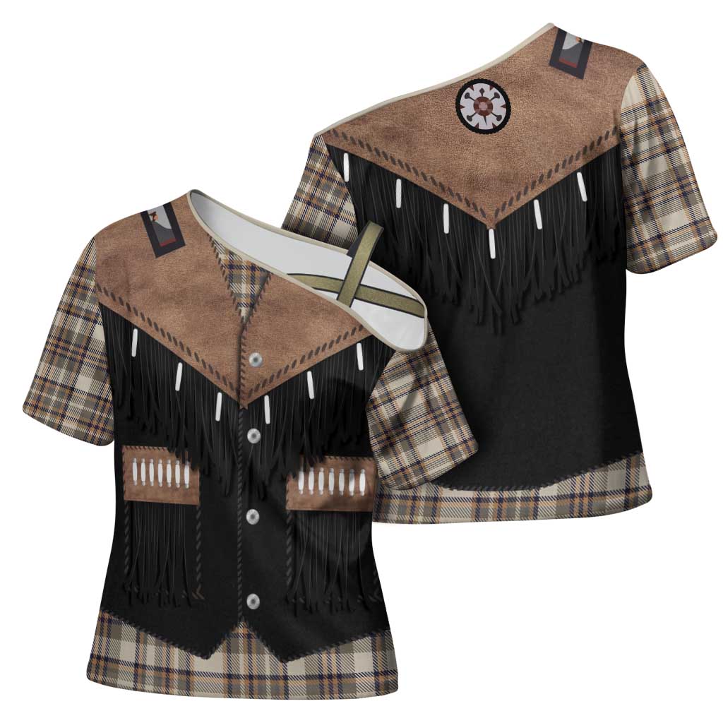 Western Cowboy Vest Style Cross Shoulder Shirt Brown Beige Plaid Pattern - Wonder Print Shop