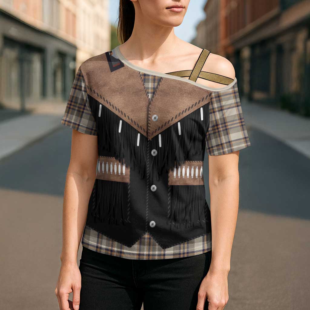 Western Cowboy Vest Style Cross Shoulder Shirt Brown Beige Plaid Pattern - Wonder Print Shop