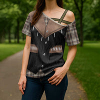 Western Cowboy Vest Style Cross Shoulder Shirt Brown Beige Plaid Pattern - Wonder Print Shop