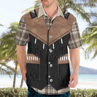 Western Cowboy Vest Style Hawaiian Shirt Brown Beige Plaid Pattern - Wonder Print Shop