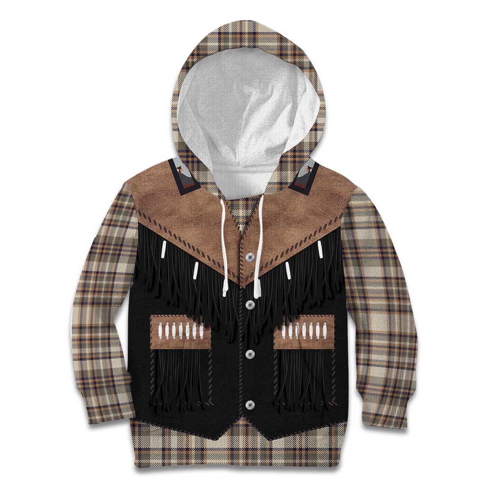 Western Cowboy Vest Style Kid Hoodie Brown Beige Plaid Pattern - Wonder Print Shop