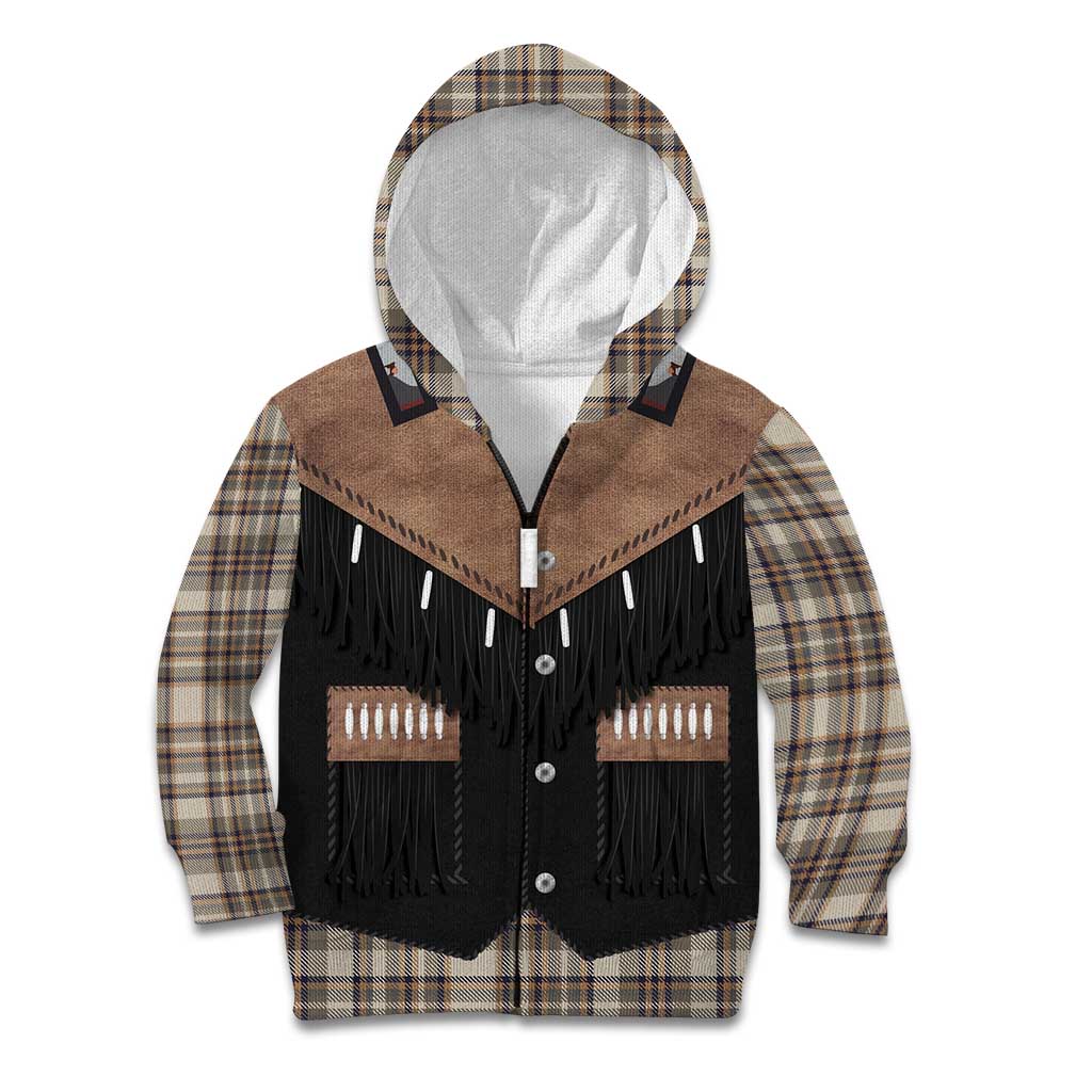 Western Cowboy Vest Style Kid Hoodie Brown Beige Plaid Pattern - Wonder Print Shop