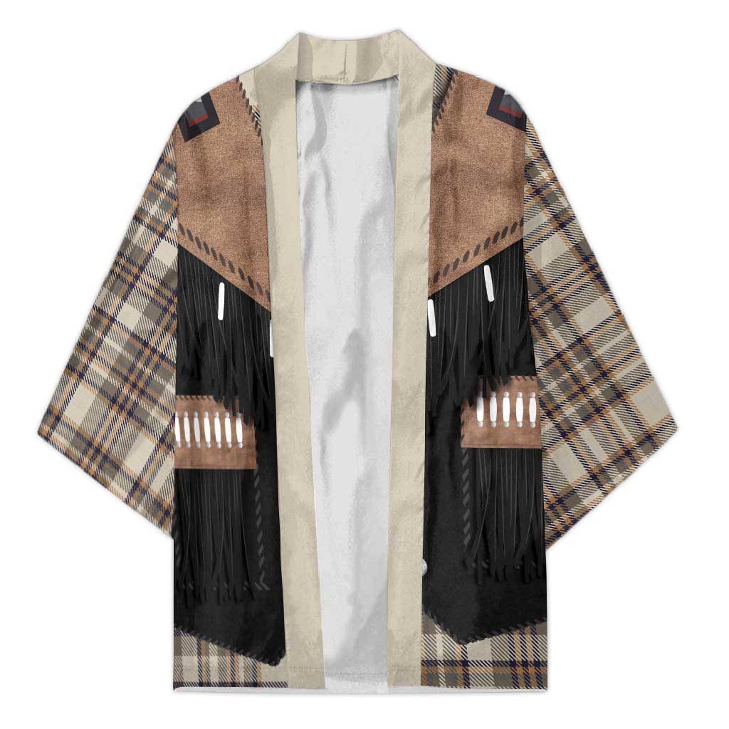 Western Cowboy Vest Style Kimono Brown Beige Plaid Pattern - Wonder Print Shop