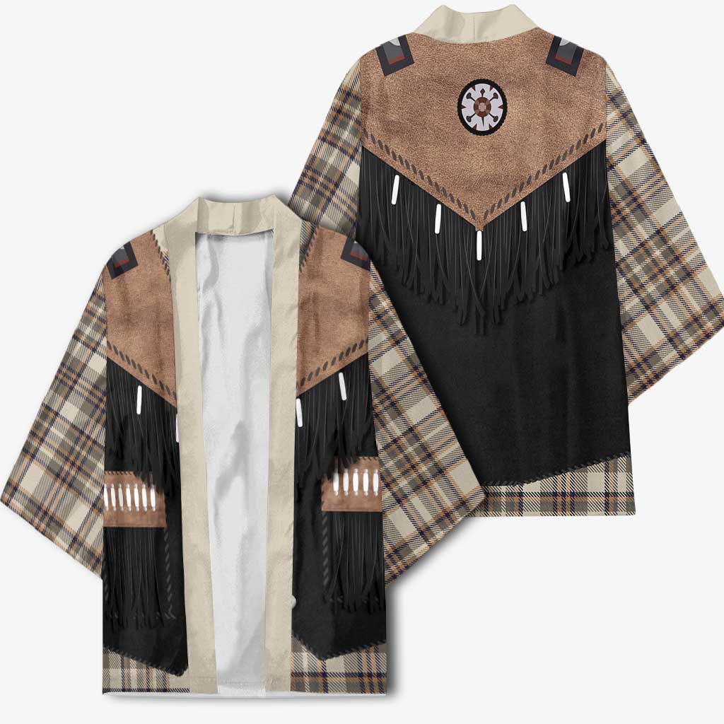 Western Cowboy Vest Style Kimono Brown Beige Plaid Pattern - Wonder Print Shop