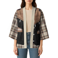Western Cowboy Vest Style Kimono Brown Beige Plaid Pattern - Wonder Print Shop
