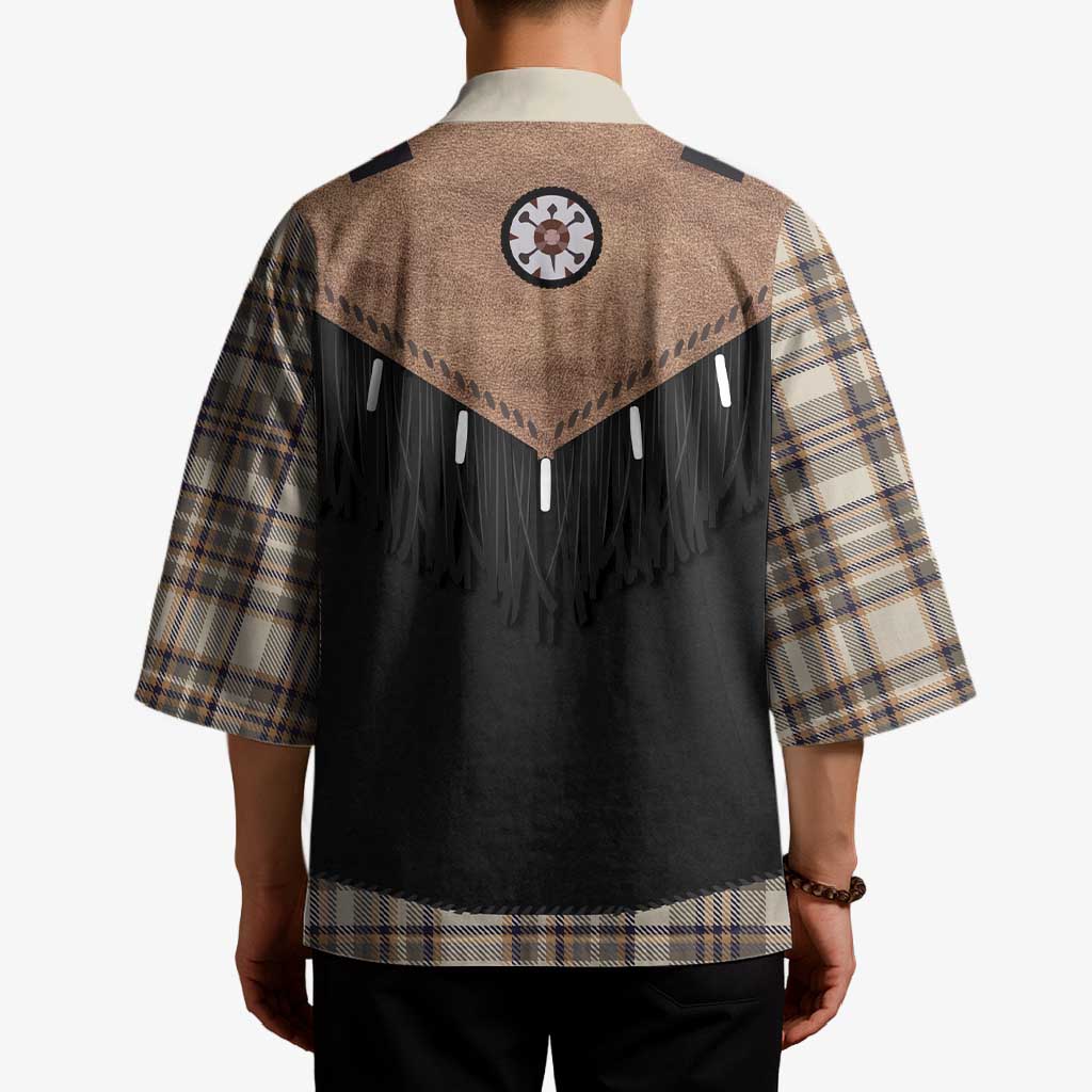 Western Cowboy Vest Style Kimono Brown Beige Plaid Pattern - Wonder Print Shop
