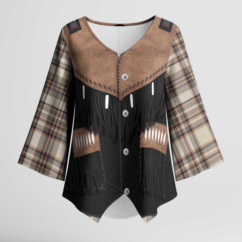Western Cowboy Vest Style Kimono Sleeve Blouse Brown Beige Plaid Pattern - Wonder Print Shop