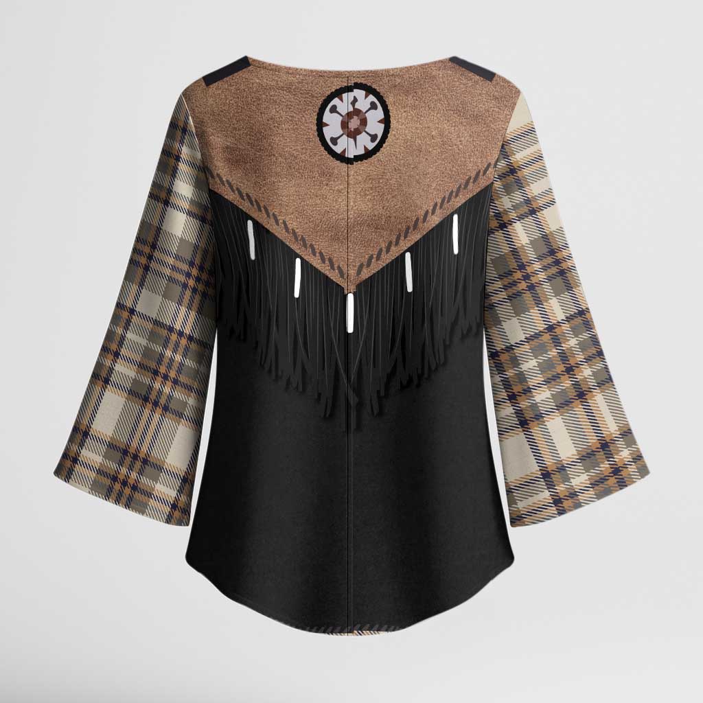 Western Cowboy Vest Style Kimono Sleeve Blouse Brown Beige Plaid Pattern - Wonder Print Shop