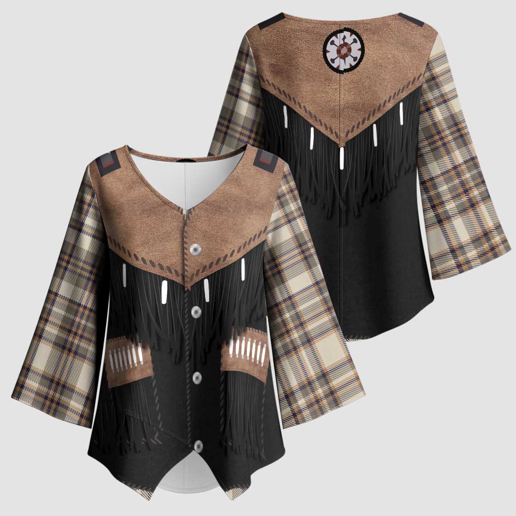 Western Cowboy Vest Style Kimono Sleeve Blouse Brown Beige Plaid Pattern - Wonder Print Shop