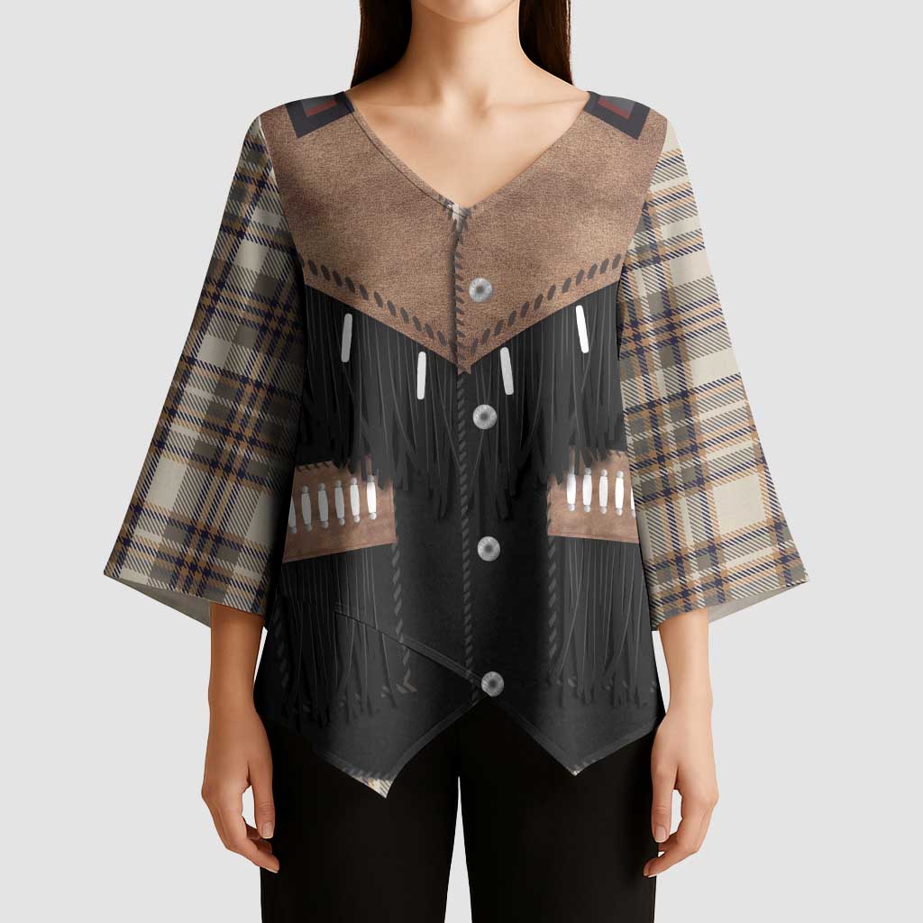 Western Cowboy Vest Style Kimono Sleeve Blouse Brown Beige Plaid Pattern - Wonder Print Shop