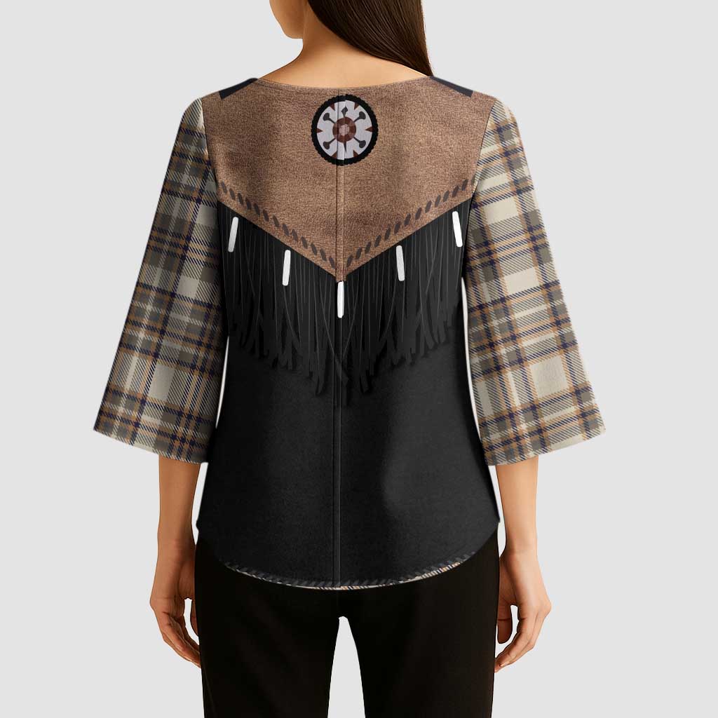 Western Cowboy Vest Style Kimono Sleeve Blouse Brown Beige Plaid Pattern - Wonder Print Shop
