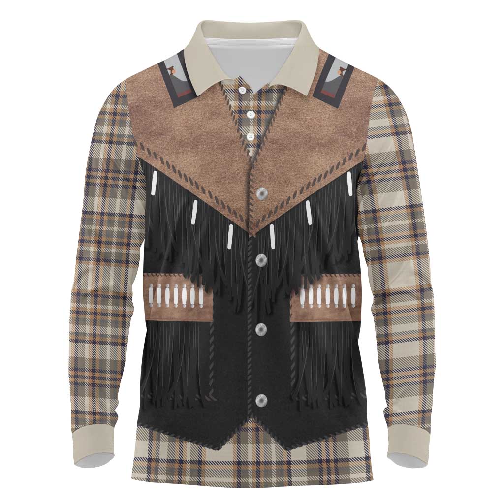 Western Cowboy Vest Style Long Sleeve Polo Shirt Brown Beige Plaid Pattern - Wonder Print Shop