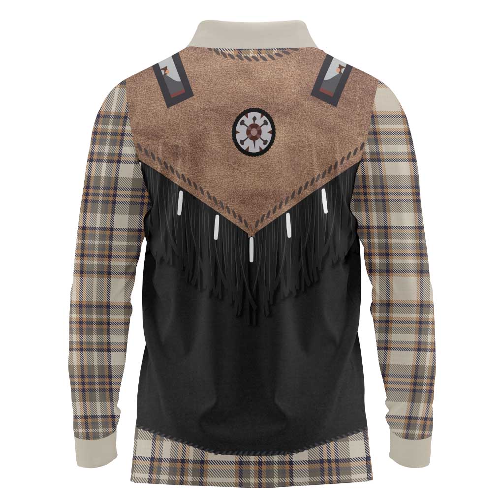 Western Cowboy Vest Style Long Sleeve Polo Shirt Brown Beige Plaid Pattern - Wonder Print Shop