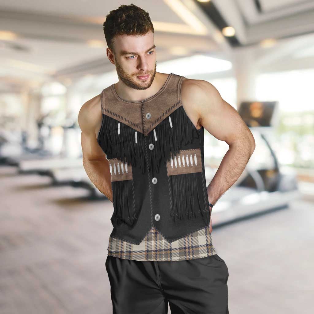 Western Cowboy Vest Style Men Tank Top Brown Beige Plaid Pattern - Wonder Print Shop