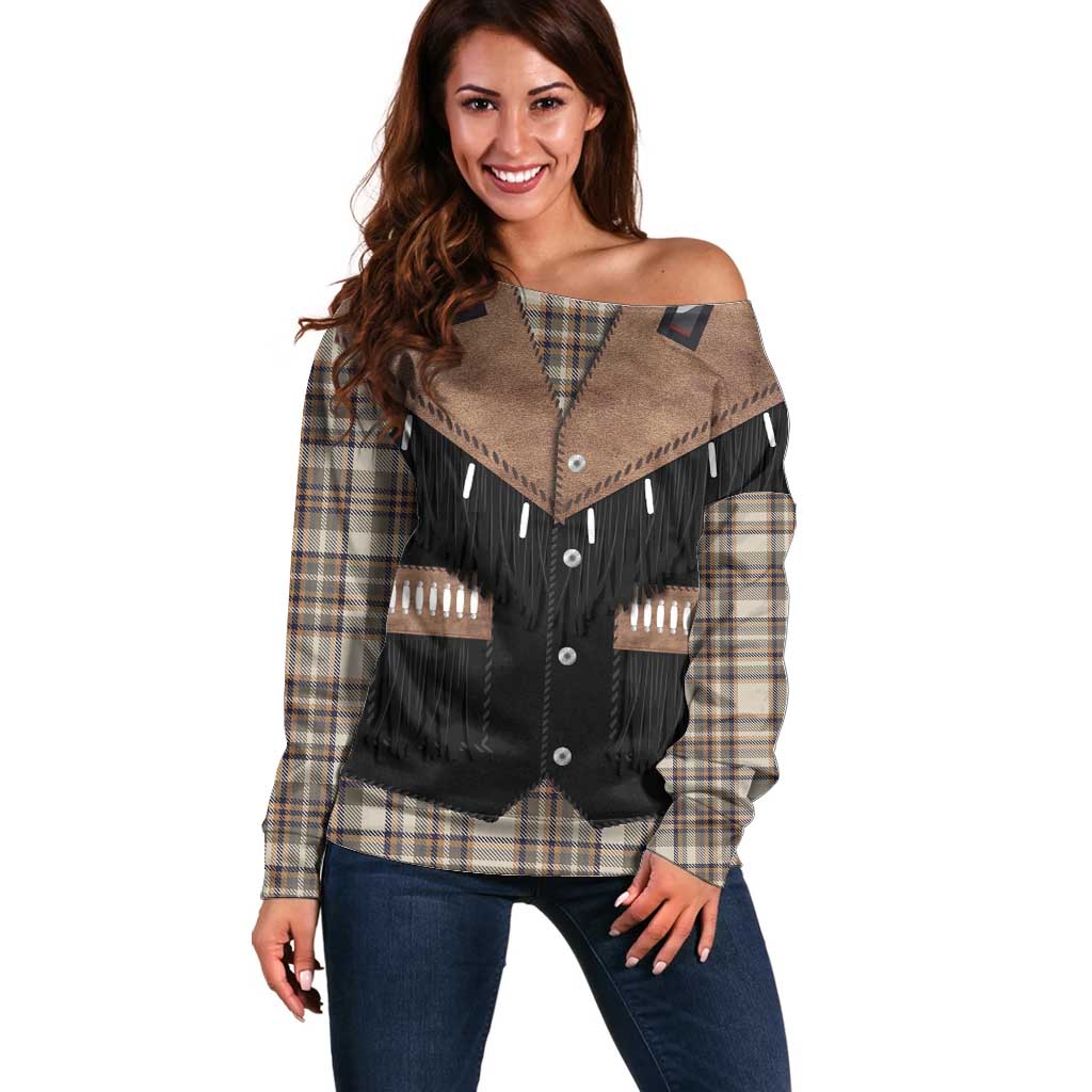 Western Cowboy Vest Style Off Shoulder Sweater Brown Beige Plaid Pattern - Wonder Print Shop