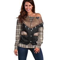 Western Cowboy Vest Style Off Shoulder Sweater Brown Beige Plaid Pattern - Wonder Print Shop