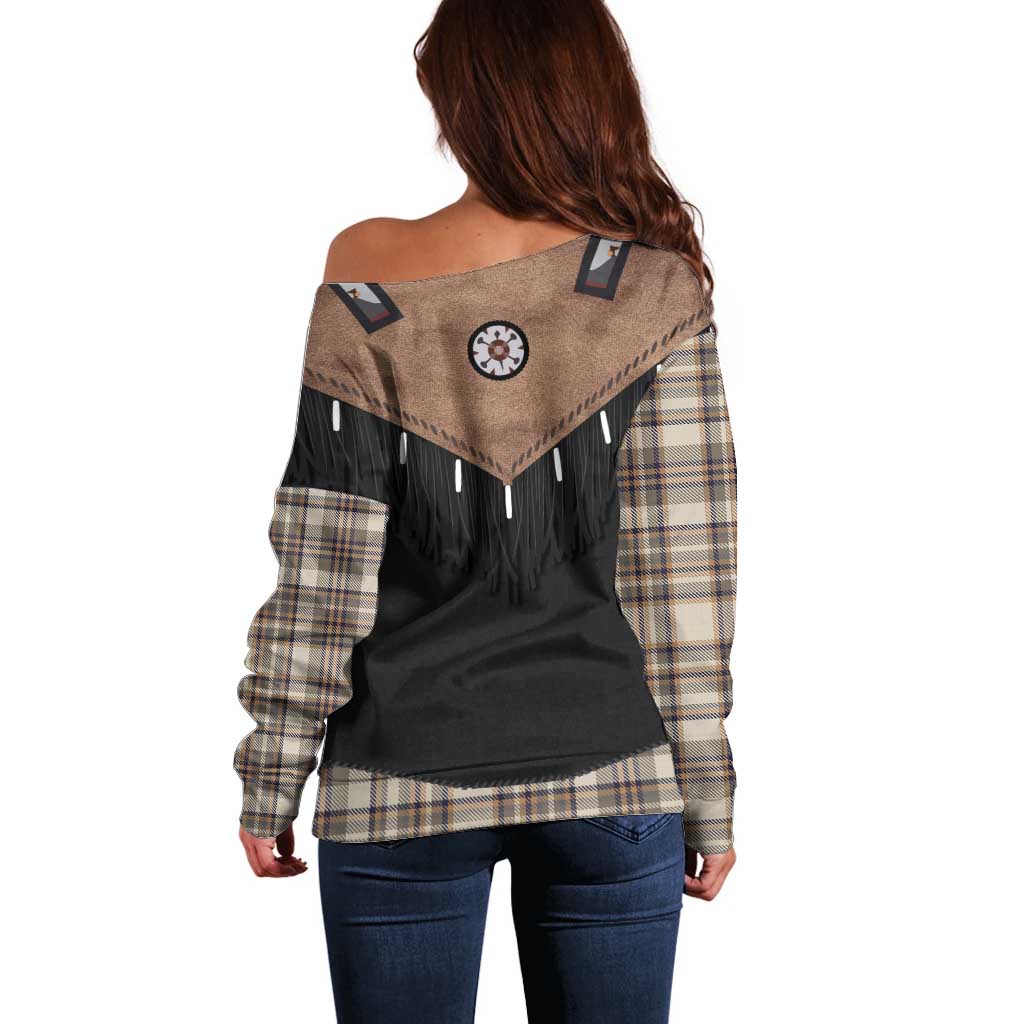 Western Cowboy Vest Style Off Shoulder Sweater Brown Beige Plaid Pattern - Wonder Print Shop