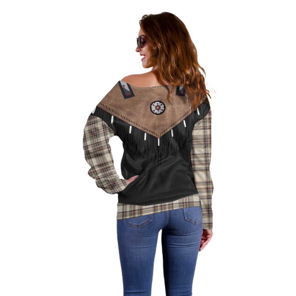 Western Cowboy Vest Style Off Shoulder Sweater Brown Beige Plaid Pattern - Wonder Print Shop