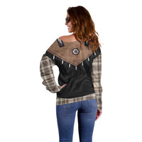 Western Cowboy Vest Style Off Shoulder Sweater Brown Beige Plaid Pattern - Wonder Print Shop
