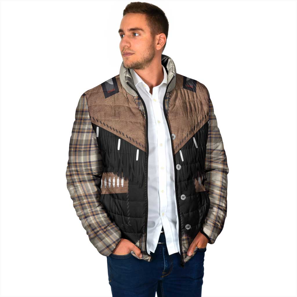 Western Cowboy Vest Style Padded Jacket Brown Beige Plaid Pattern - Wonder Print Shop