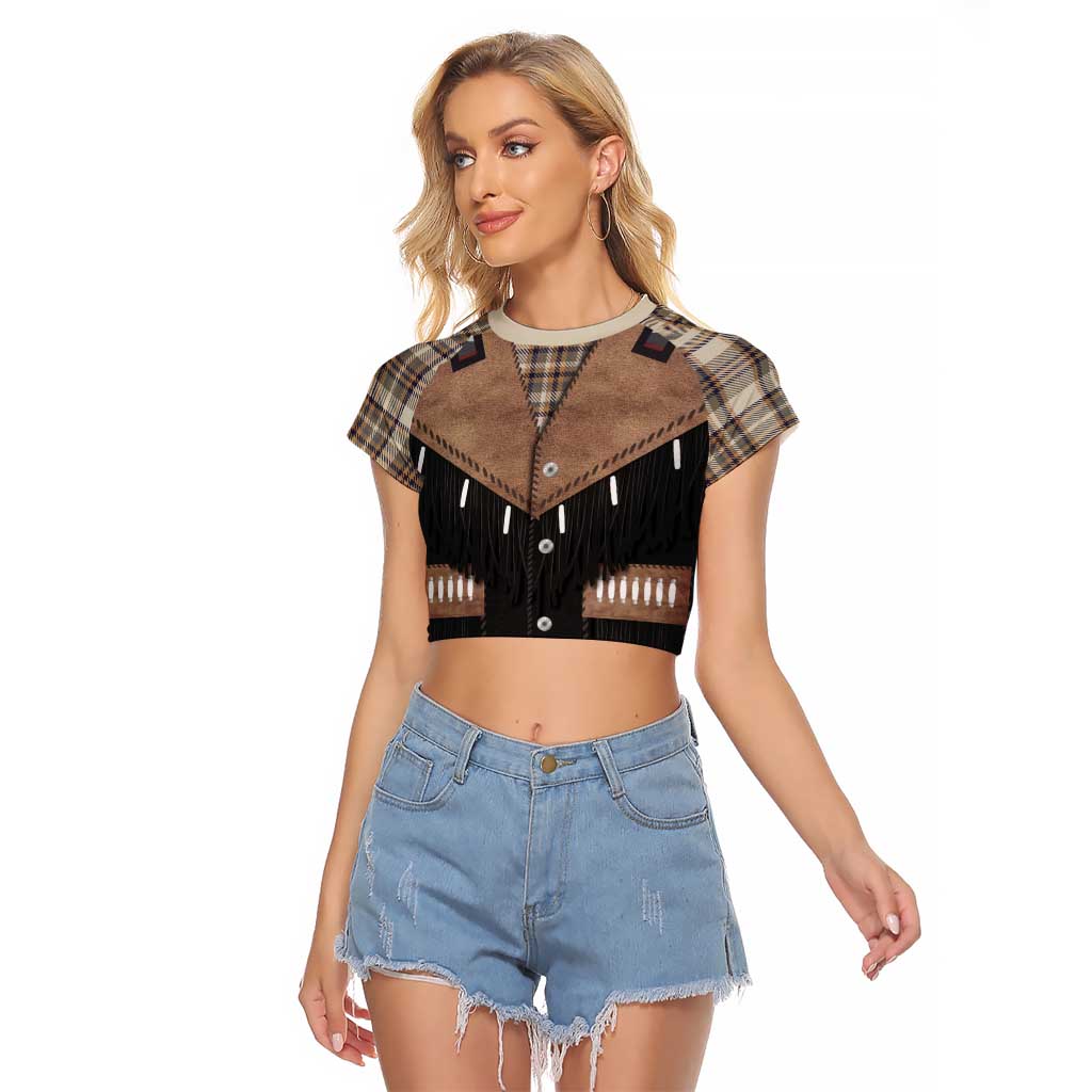 Western Cowboy Vest Style Raglan Cropped T Shirt Brown Beige Plaid Pattern - Wonder Print Shop