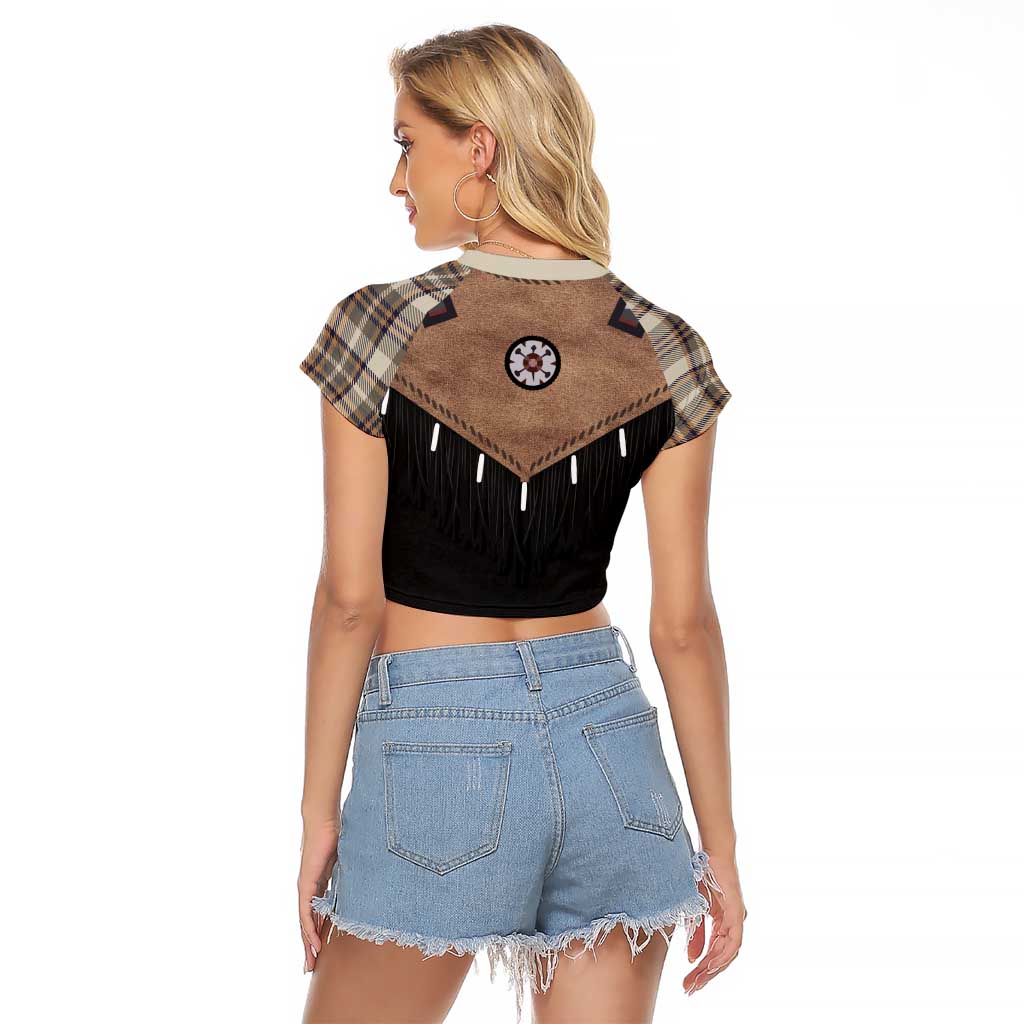 Western Cowboy Vest Style Raglan Cropped T Shirt Brown Beige Plaid Pattern - Wonder Print Shop