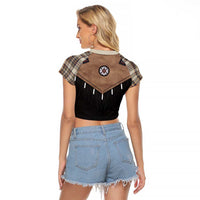 Western Cowboy Vest Style Raglan Cropped T Shirt Brown Beige Plaid Pattern - Wonder Print Shop
