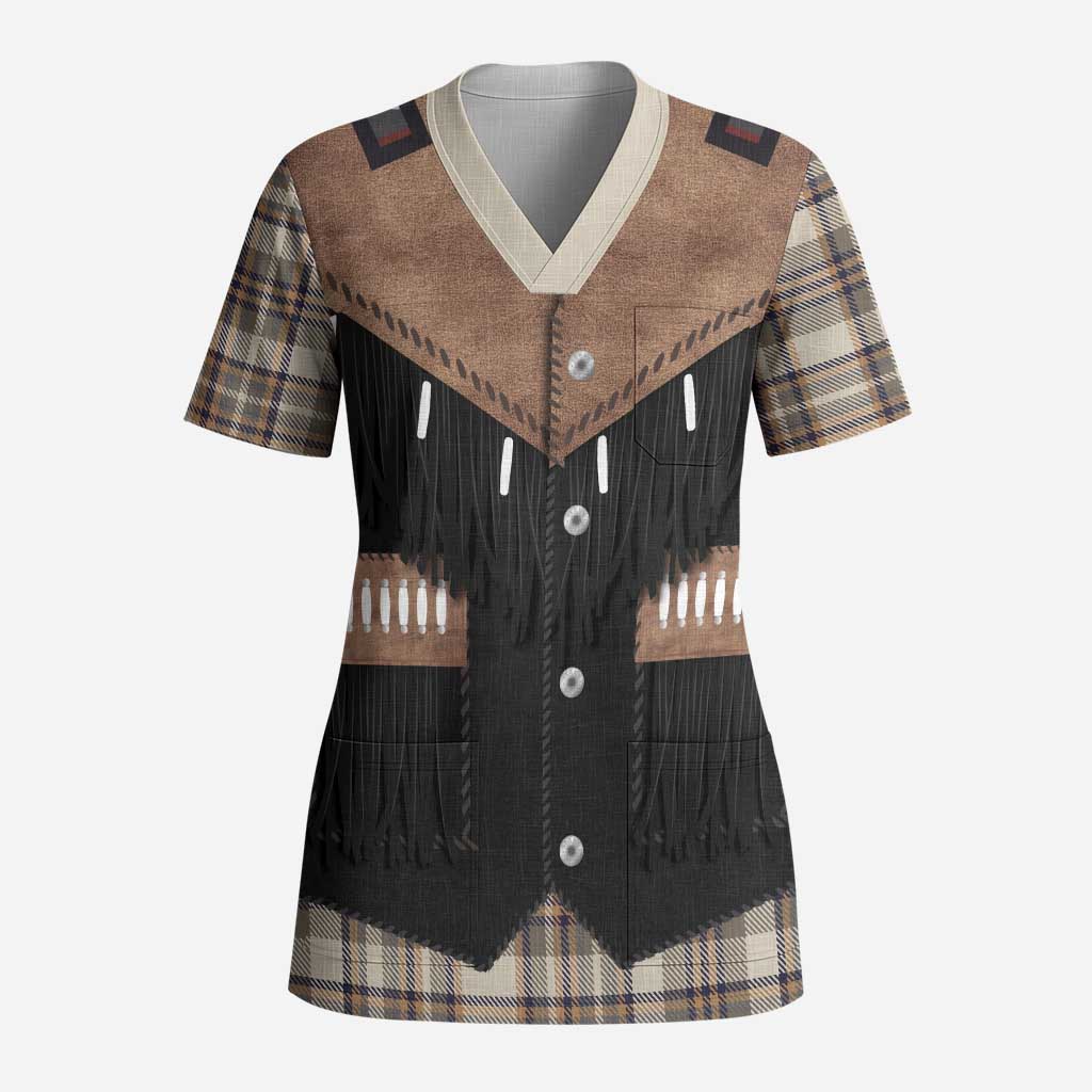 Western Cowboy Vest Style Scrub Top Brown Beige Plaid Pattern - Wonder Print Shop