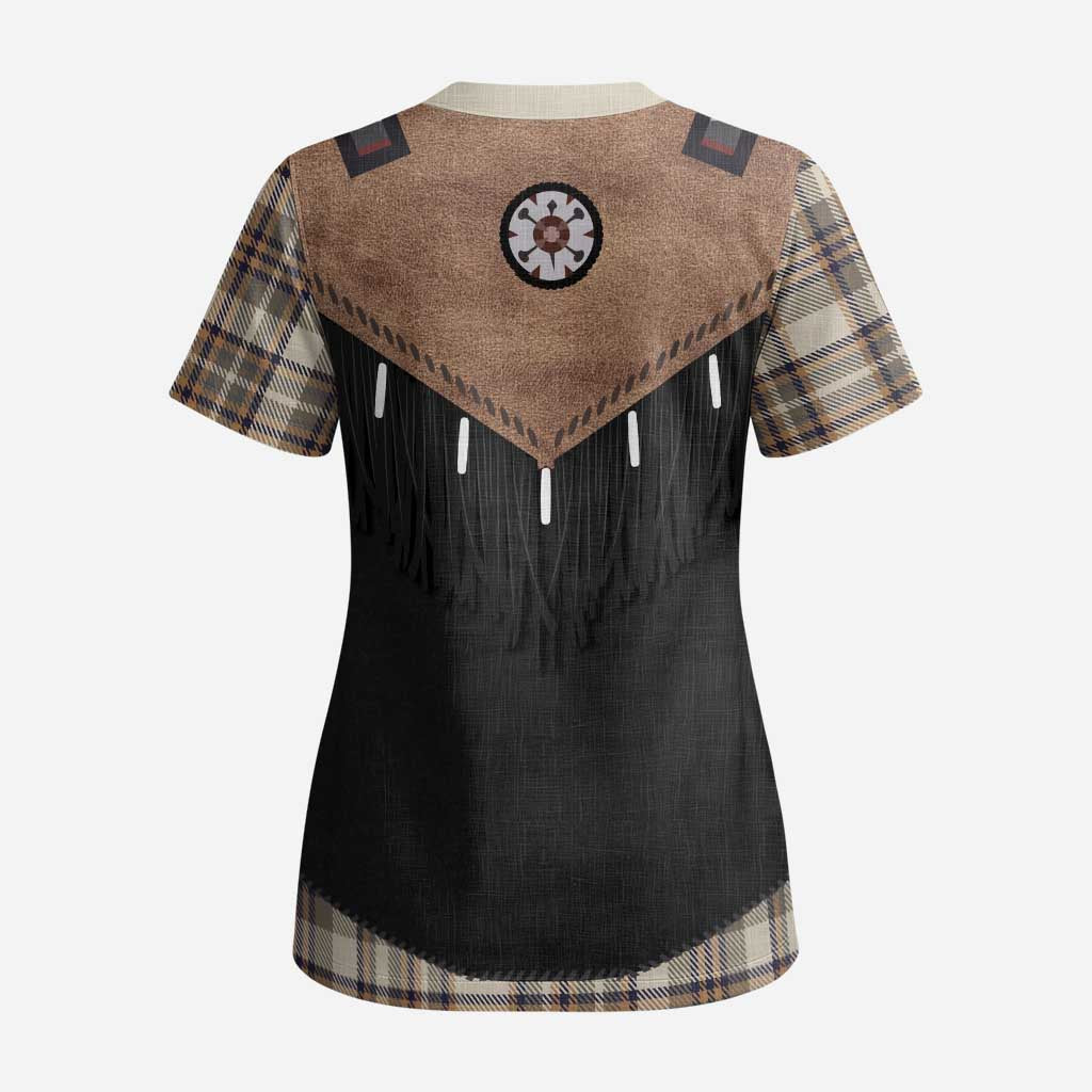 Western Cowboy Vest Style Scrub Top Brown Beige Plaid Pattern - Wonder Print Shop
