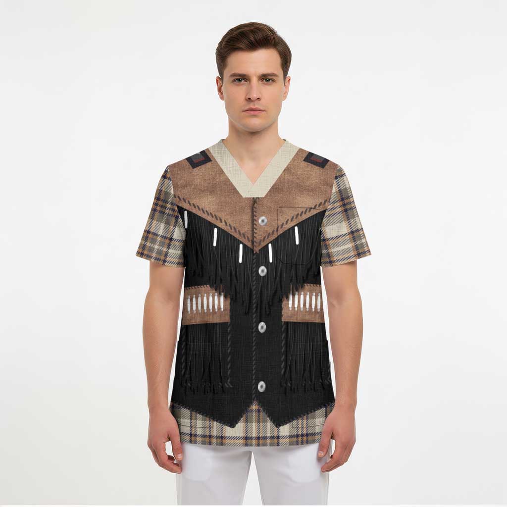 Western Cowboy Vest Style Scrub Top Brown Beige Plaid Pattern - Wonder Print Shop