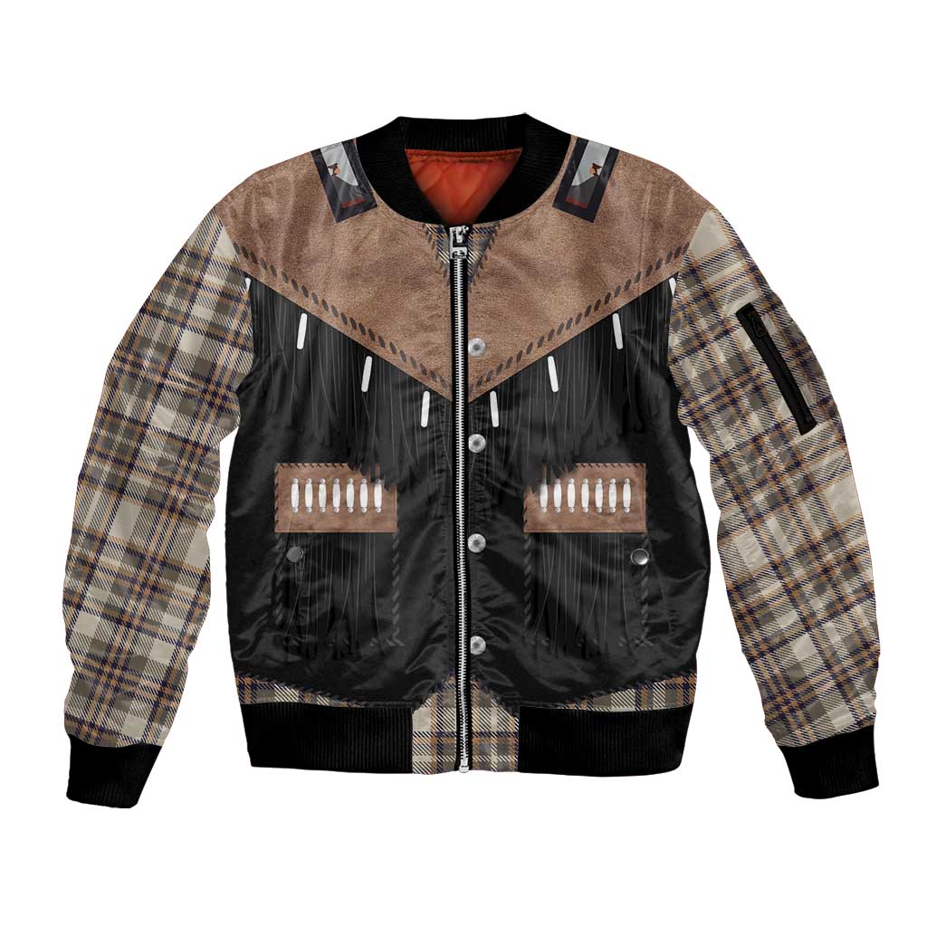 Western Cowboy Vest Style Sleeve Zip Bomber Jacket Brown Beige Plaid Pattern - Wonder Print Shop