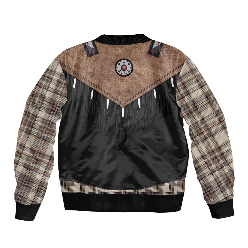Western Cowboy Vest Style Sleeve Zip Bomber Jacket Brown Beige Plaid Pattern - Wonder Print Shop