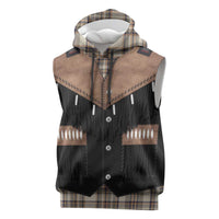 Western Cowboy Vest Style Sleeveless Hoodie Brown Beige Plaid Pattern - Wonder Print Shop