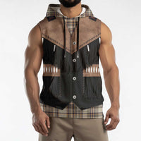 Western Cowboy Vest Style Sleeveless Hoodie Brown Beige Plaid Pattern - Wonder Print Shop