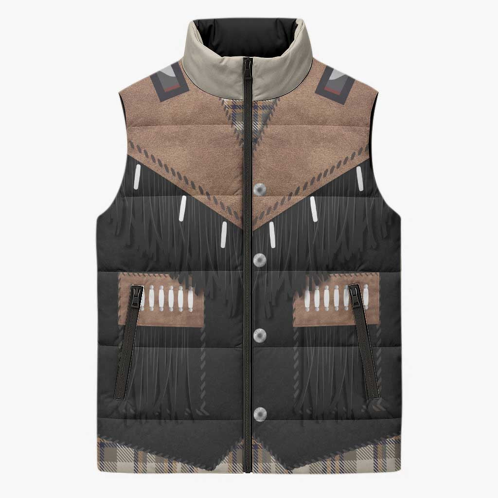 Western Cowboy Vest Style Sleeveless Puffer Jacket Brown Beige Plaid Pattern - Wonder Print Shop
