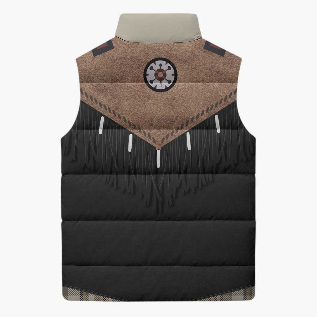 Western Cowboy Vest Style Sleeveless Puffer Jacket Brown Beige Plaid Pattern - Wonder Print Shop