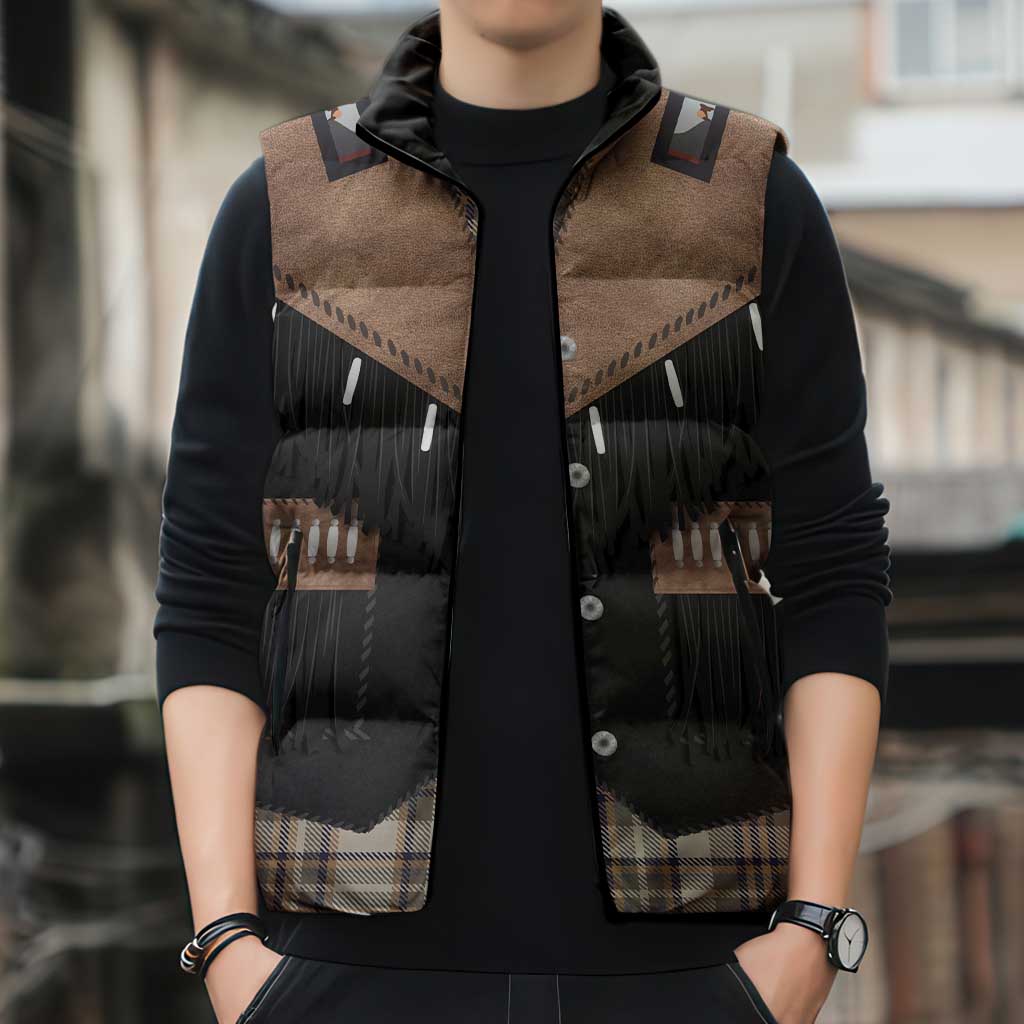 Western Cowboy Vest Style Sleeveless Puffer Jacket Brown Beige Plaid Pattern - Wonder Print Shop