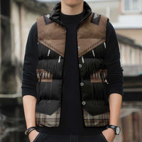 Western Cowboy Vest Style Sleeveless Puffer Jacket Brown Beige Plaid Pattern - Wonder Print Shop