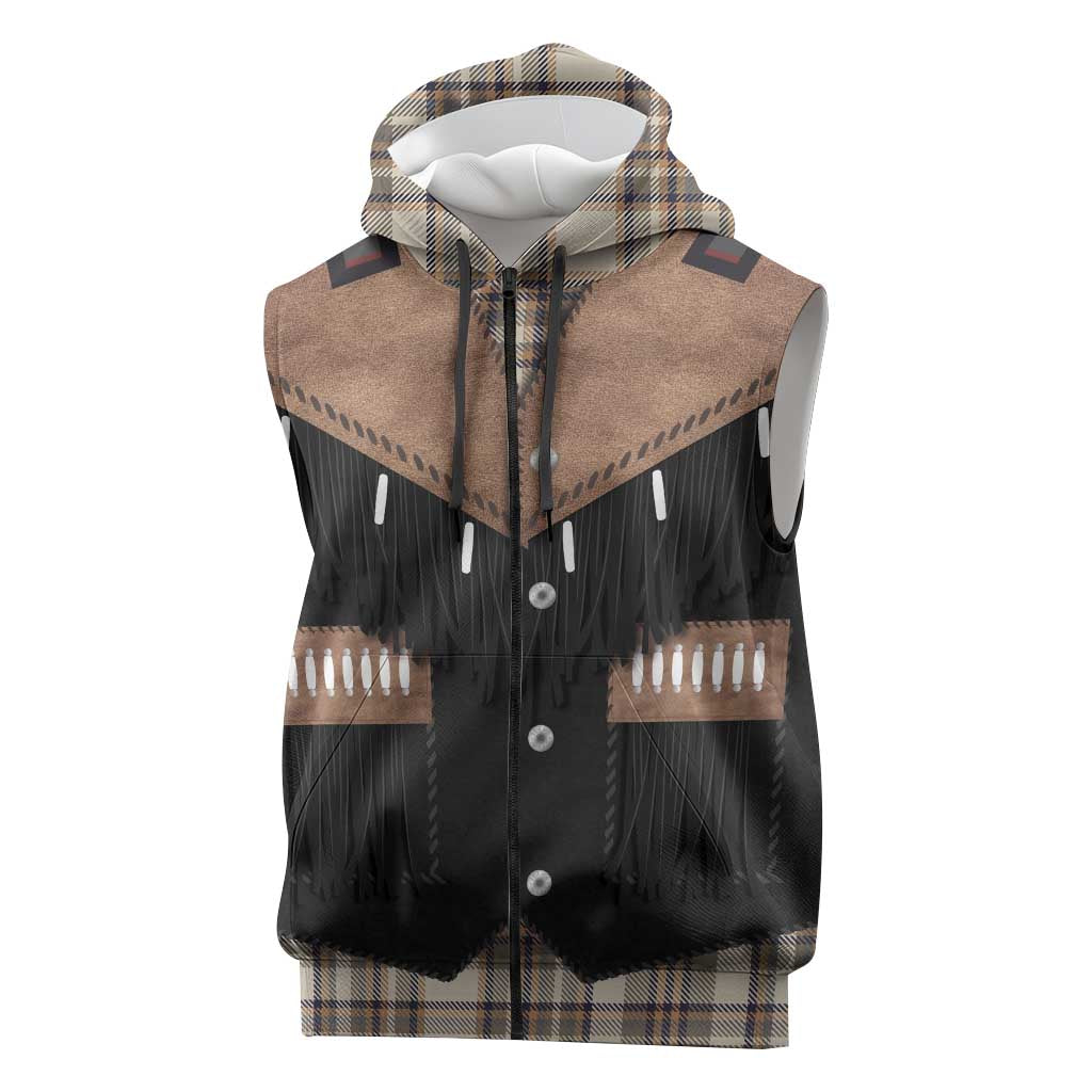 Western Cowboy Vest Style Sleeveless Zip Hoodie Brown Beige Plaid Pattern - Wonder Print Shop